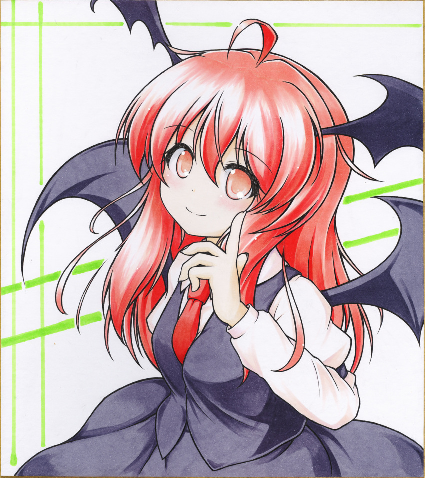 1girl ahoge aka_tawashi bat_wings blush collared_shirt colored_pencil_(medium) commentary_request dress_shirt eyebrows_visible_through_hair eyelashes head_tilt head_wings highres index_finger_raised juliet_sleeves koakuma long_hair long_sleeves looking_at_viewer necktie puffy_sleeves red_eyes red_neckwear redhead shirt sidelocks simple_background skirt skirt_set smile touhou traditional_media vest white_background white_shirt wings