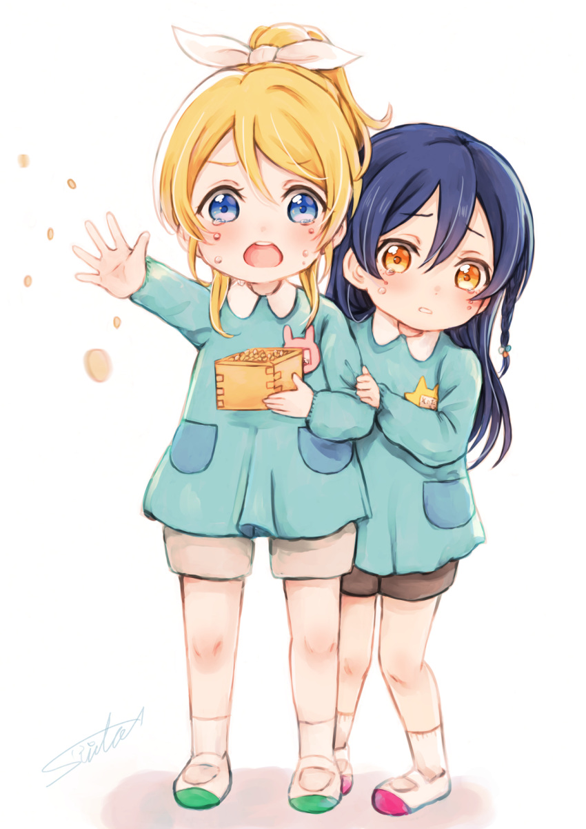 2girls arm_grab ayase_eli bangs beans behind_another blonde_hair blue_eyes blue_hair blue_shirt blush bow braid child crying full_body hair_between_eyes hair_bow highres holding kindergarten_uniform long_hair long_sleeves looking_at_viewer love_live! love_live!_school_idol_project masu multiple_girls open_mouth ponytail school_uniform setsubun shirt shoes simple_background sleeve_tug sonoda_umi standing suito throwing uwabaki white_background white_bow yellow_eyes younger