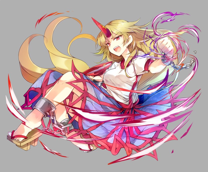 1girl blonde_hair chains clenched_hand commentary_request cup eyebrows_visible_through_hair full_body geta grey_background holding horn hoshiguma_yuugi kutsuki_kai long_hair looking_at_viewer open_mouth red_eyes sakazuki shirt short_sleeves sidelocks simple_background skirt solo touhou very_long_hair