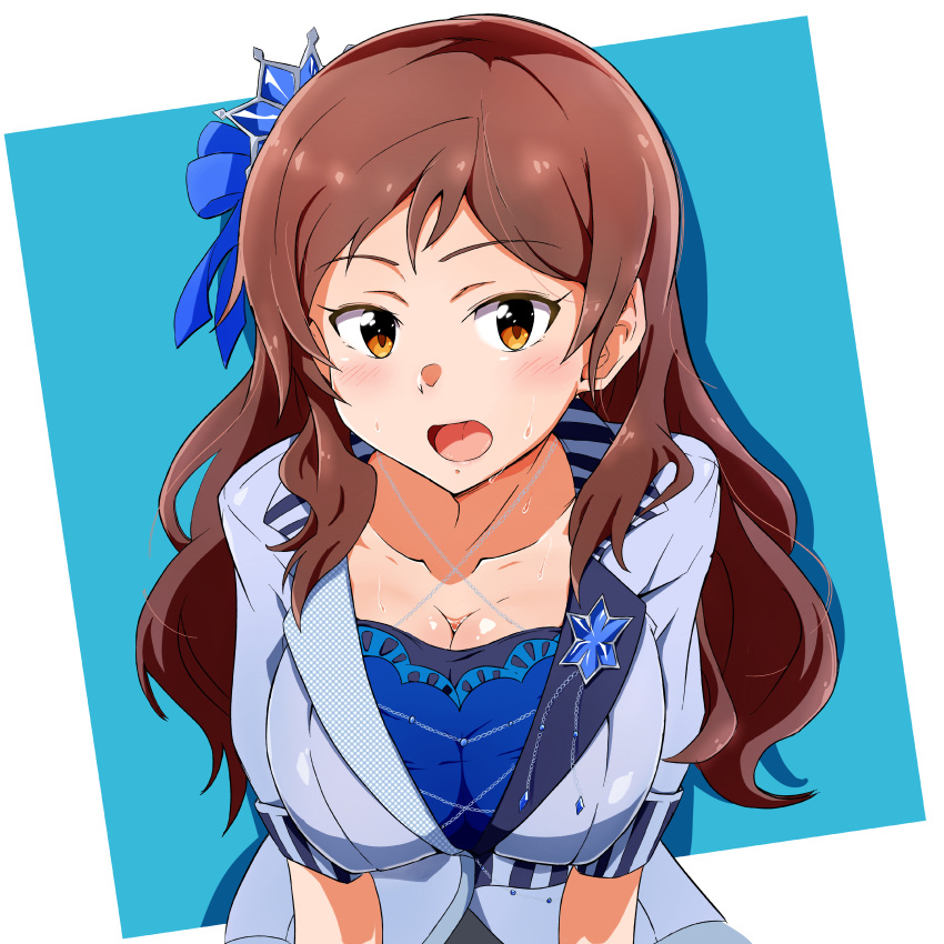 1girl absurdres breasts brown_eyes brown_hair crown highres idolmaster idolmaster_million_live! idolmaster_million_live!_theater_days j.roswel kitazawa_shiho large_breasts long_hair looking_at_viewer open_mouth smile solo sweat