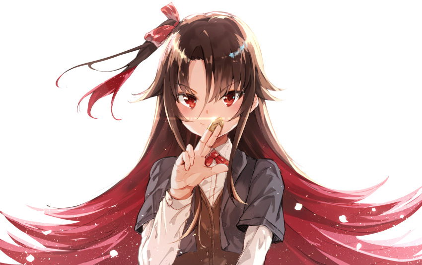 1girl brown_hair closed_mouth commentary_request hair_ribbon hidaka_kouyou highres long_hair looking_at_viewer multicolored_hair red_eyes red_ribbon redhead ribbon ryuuou_no_oshigoto! side_ponytail simple_background sketch smile solo two-tone_hair upper_body white_background yashajin_ai