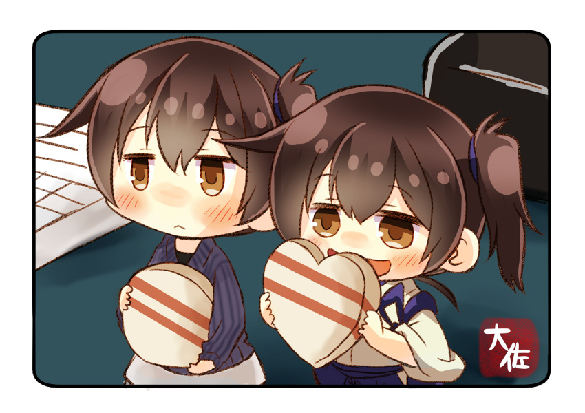 2girls :&lt; :d alternate_costume black_hair blush brown_eyes carrying chibi chocolate chocolate_heart commentary_request dual_persona heart holding japanese_clothes kaga_(kantai_collection) kantai_collection minigirl multiple_girls open_mouth paper side_ponytail smile taisa_(kari) tasuki white_chocolate