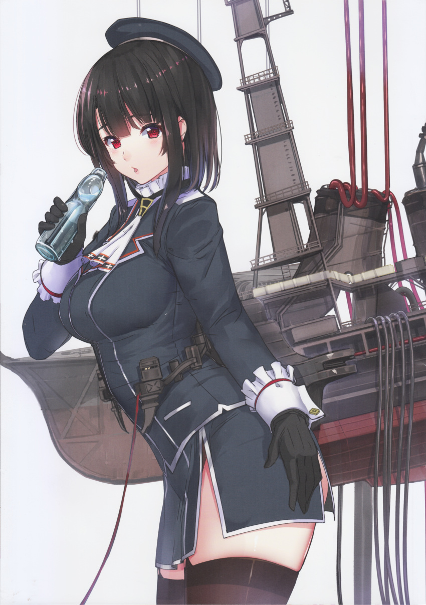 1girl absurdres akasaai beret black_gloves black_hair blue_hat blue_jacket blush bottle breasts from_side gloves grey_background hair_between_eyes hand_on_hip hat highres holding holding_bottle jacket kantai_collection large_breasts long_sleeves looking_at_viewer parted_lips ramune red_eyes repairing rigging shiny shiny_hair short_hair simple_background smokestack solo takao_(kantai_collection) tube upper_body