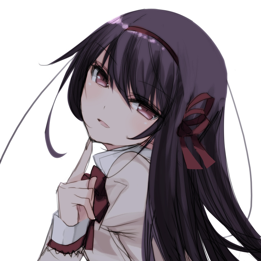 1girl absurdres akemi_homura bad_id bad_pixiv_id bangs bow drill_hair fingernails hair_bow hairband hand_up highres long_hair looking_at_viewer mahou_shoujo_madoka_magica misteor multicolored_shirt pointing_finger purple_hair red_bow red_hairband school_uniform sketch solo touching violet_eyes white_background