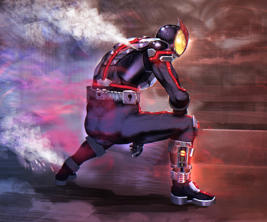 1boy arm_on_knee armor belt black_bodysuit bodysuit boots commentary_request from_behind full_body glowing glowing_eyes helmet highres inui_takumi kamen_rider kamen_rider_555 kamen_rider_faiz kikimifukuri male_focus pauldrons power_armor science_fiction solo squatting steam tokusatsu