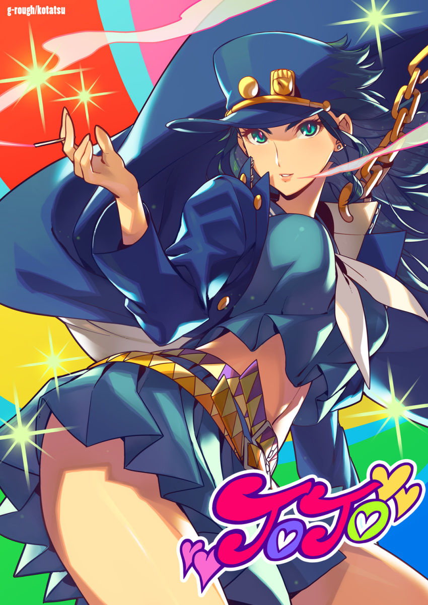 1girl artist_name belt black_hair blue_coat blue_eyes blue_hat blue_sailor_collar blue_shirt blue_skirt bouncing_breasts breasts chains cigarette coat contrapposto copyright_name earrings genderswap genderswap_(mtf) hand_up hat highres holding holding_cigarette jewelry jojo_no_kimyou_na_bouken jojo_pose kotatsu_(g-rough) kuujou_joutarou large_breasts long_hair long_sleeves looking_at_viewer midriff multicolored multicolored_background multiple_belts navel neckerchief open_clothes open_coat parted_lips peaked_cap pleated_skirt pose sailor_collar school_uniform serafuku shirt skirt smile smoke smoking solo sparkle standing stardust_crusaders v-shaped_eyebrows white_neckwear