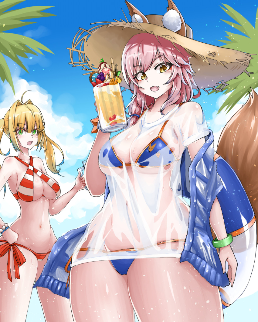 2girls ahoge animal_ears bead_bracelet beads bikini bikini_under_clothes blonde_hair blue_bikini bracelet breasts cleavage collarbone covered_navel criss-cross_halter day ears_through_headwear eyebrows_visible_through_hair fang fate/extra fate/grand_order fate_(series) food fox_ears fox_tail fruit green_eyes groin hair_intakes halter_top halterneck hat highres innertube jewelry large_breasts looking_at_viewer looking_down multiple_girls navel nero_claudius_(fate)_(all) nero_claudius_(swimsuit_caster)_(fate) ocean open_mouth outdoors palm_tree pink_hair ppyumeuleulu red_bikini shirt side-tie_bikini straw_hat striped striped_bikini swimsuit tail tamamo_(fate)_(all) tamamo_no_mae_(swimsuit_lancer)_(fate) tree twintails wet wet_clothes wet_shirt wet_t-shirt yellow_eyes
