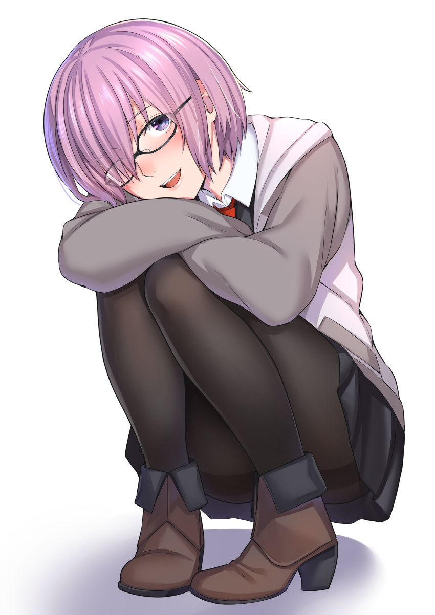 1girl :d absurdres ankle_boots arm_rest black-framed_eyewear black_legwear black_skirt blush boots brown_footwear convenient_leg eyebrows_visible_through_hair fate/grand_order fate_(series) full_body glasses grey_jacket hair_over_one_eye head_tilt high_heel_boots high_heels highres jacket knees_up kyuuso_inukami long_sleeves looking_at_viewer mash_kyrielight miniskirt open_clothes open_jacket open_mouth pantyhose pink_hair round_teeth shiny shiny_hair short_hair simple_background skirt smile solo squatting teeth thighband_pantyhose track_jacket violet_eyes white_background wing_collar