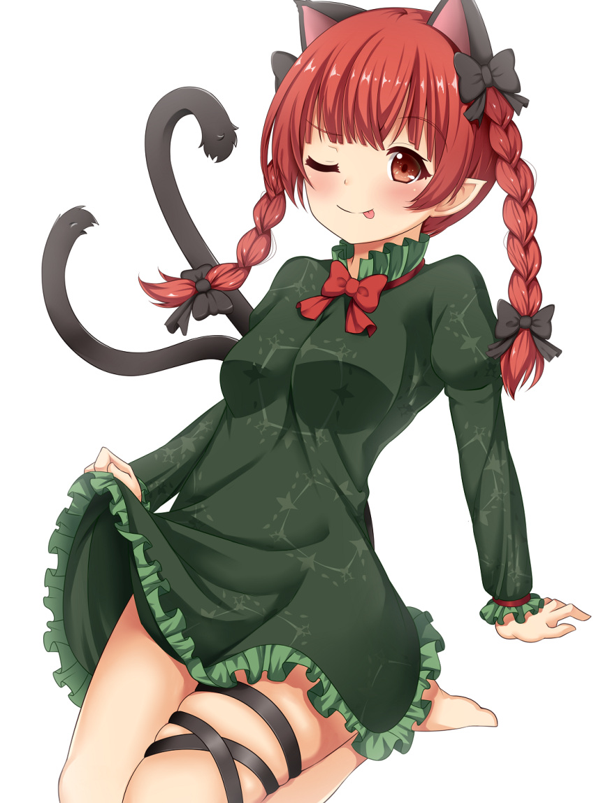 1girl ;p animal_ears arm_support bangs bare_legs barefoot black_bow blunt_bangs blush bow bowtie braid breasts cat_ears cat_tail closed_mouth dress dress_lift eyebrows_visible_through_hair frilled_dress frills green_dress hair_bow highres kaenbyou_rin kyouran lifted_by_self long_hair long_sleeves looking_at_viewer medium_breasts multiple_tails nekomata one_eye_closed orange_eyes red_bow red_neckwear redhead skindentation smile solo tail tareme thigh_strap tongue tongue_out touhou twin_braids two_tails