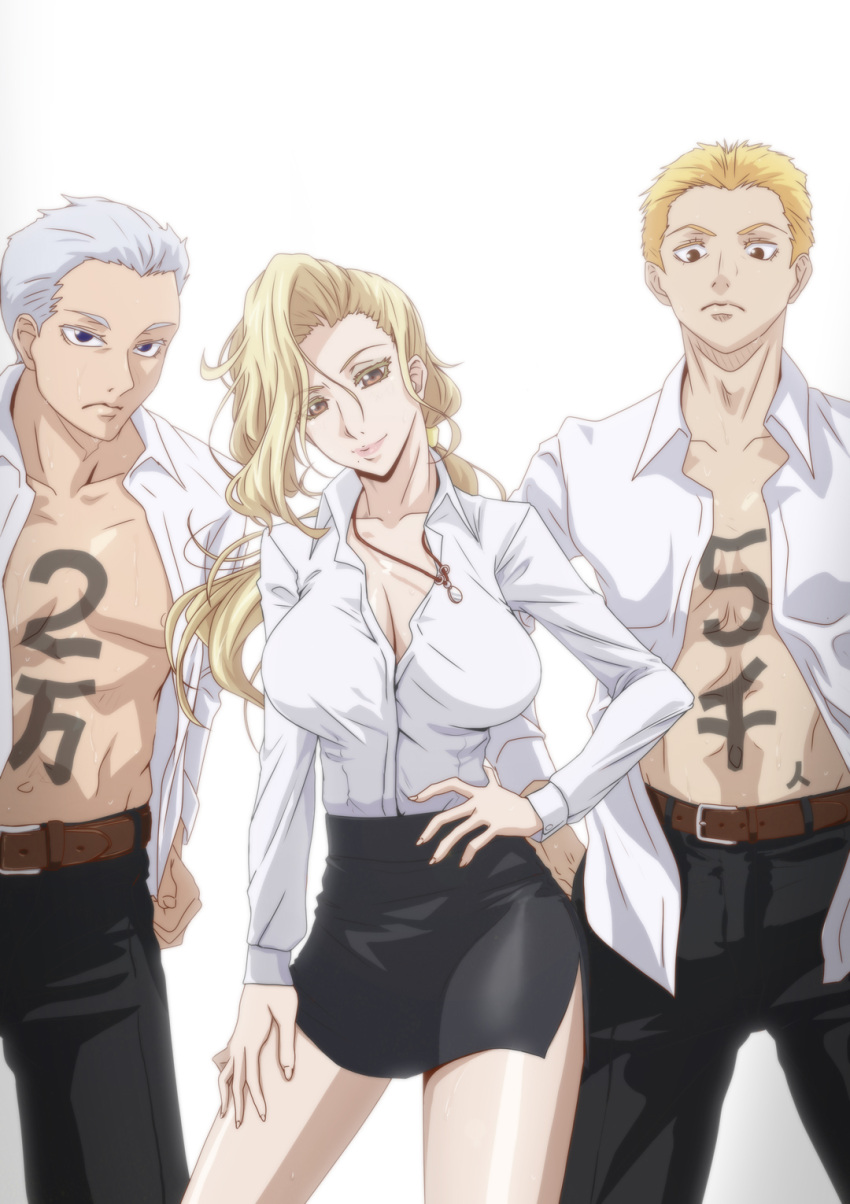 1girl 2boys anime_coloring ballroom_e_youkoso blonde_hair body_writing breasts brown_eyes character_request cleavage dress_shirt highres hyoudou_marisa jewelry kyabakurabakufu large_breasts long_hair multiple_boys necklace open_clothes open_shirt shirt side_slit translation_request white_background white_shirt