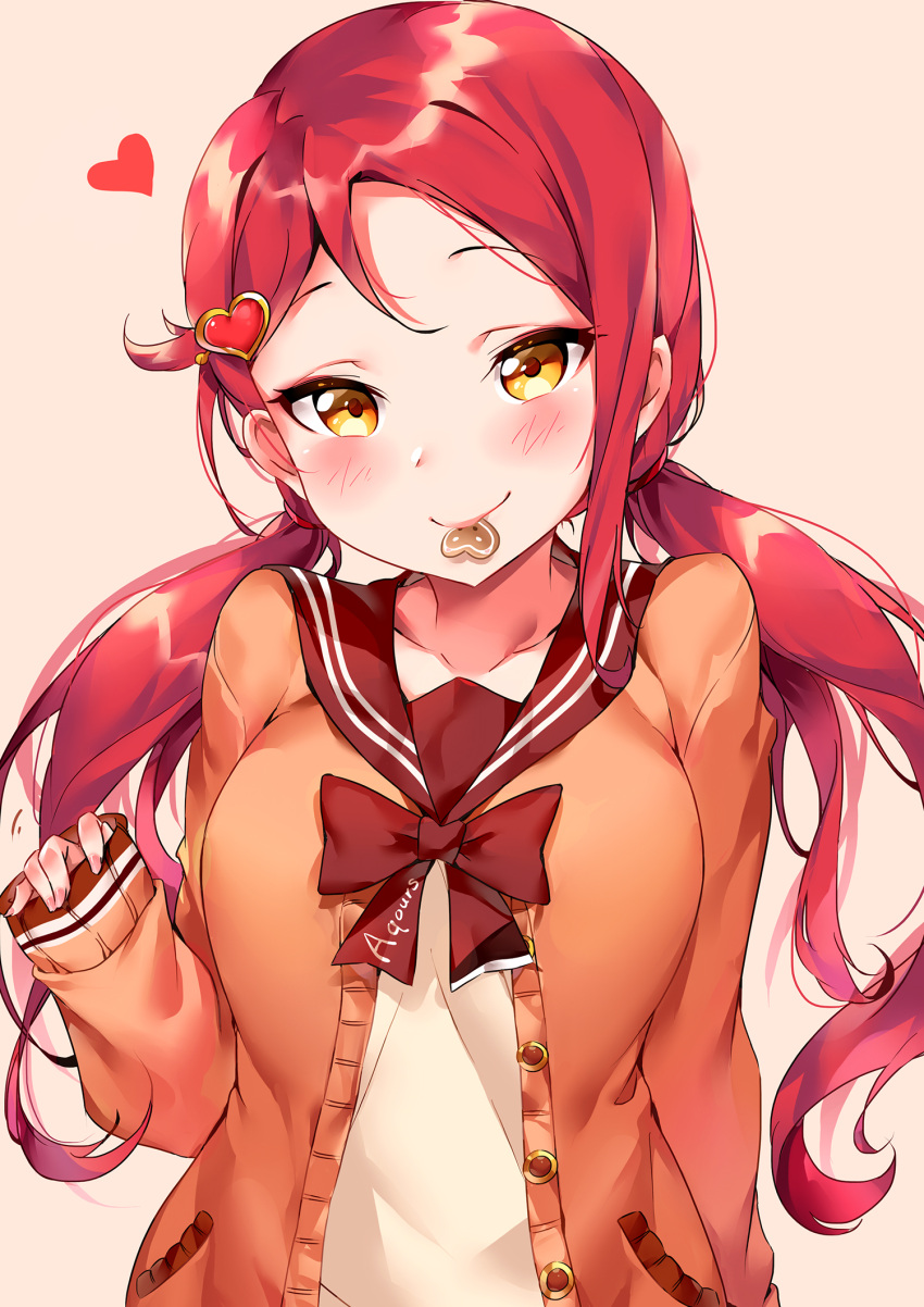 1girl alternate_hairstyle blush bow bowtie cardigan cookie food hair_ornament heart heart_hair_ornament highres long_sleeves looking_at_viewer love_live! love_live!_school_idol_festival love_live!_sunshine!! mouth_hold nail_polish orange_sweater pink_nails redhead sailor_collar sakurauchi_riko sleeves_past_wrists solo sweater tan_background tem10 twintails upper_body yellow_eyes