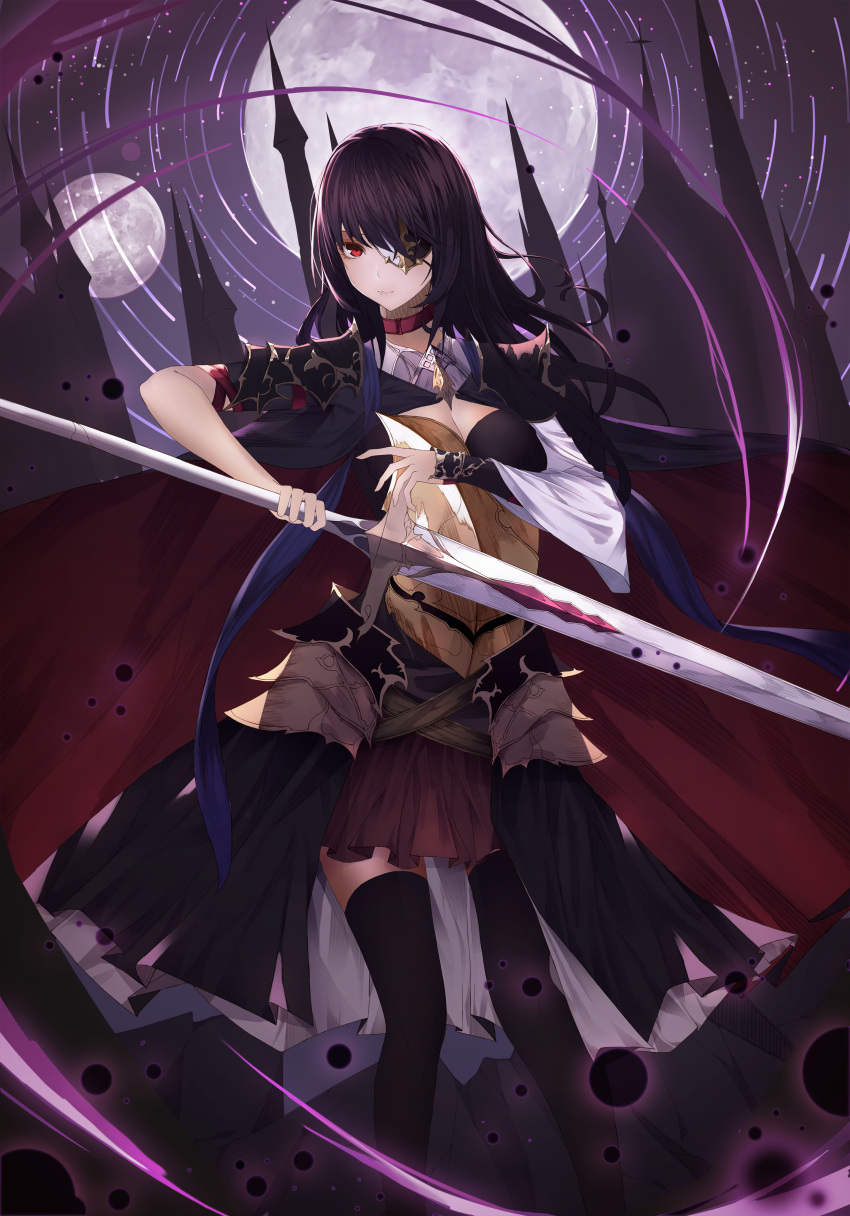 1girl absurdres armor black_hair breasts cleavage closed_mouth full_moon gywlsfkdl hair_over_one_eye highres holding holding_sword holding_weapon long_hair looking_at_viewer moon red_eyes solo sword thigh-highs weapon zettai_ryouiki