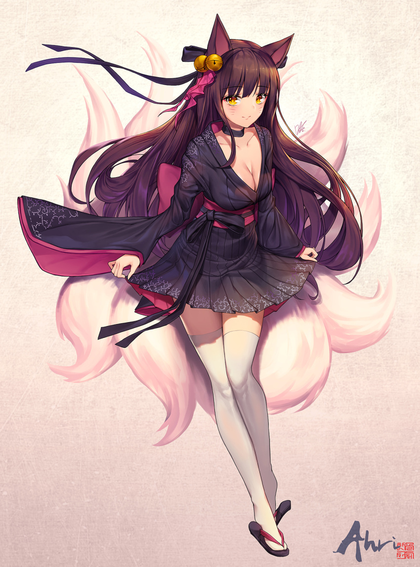 1girl ahri animal_ears arms_at_sides bangs bell black_choker black_footwear black_hair black_kimono black_skirt blush breasts brown_hair character_name choker cleavage closed_mouth collarbone eyebrows_visible_through_hair facial_mark fox_ears full_body furisode geta gradient gradient_background hair_bell hair_ornament hair_ribbon highres japanese_clothes jingle_bell kimono kyuubi large_breasts league_of_legends lee_seok_ho legs_together long_hair long_sleeves looking_at_viewer medium_skirt multiple_tails obi pleated_skirt ribbon sash short_kimono signature simple_background skirt skirt_hold smile solo standing tabi tail thigh-highs very_long_hair whisker_markings white_legwear wide_sleeves yellow_eyes zettai_ryouiki