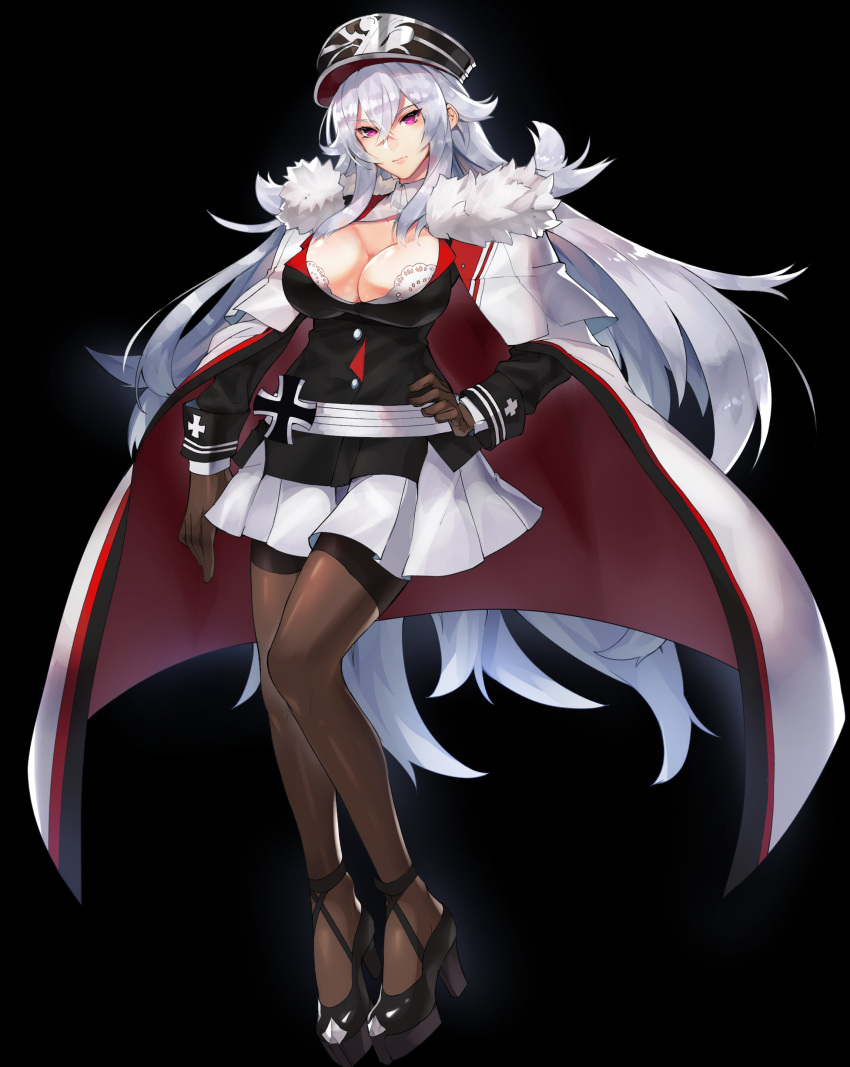 1girl absurdres azur_lane black_background breasts brown_gloves brown_legwear cape cleavage commentary_request full_body fur_trim gloves graf_zeppelin_(azur_lane) hand_on_hip hat high_heels highres iron_cross large_breasts long_hair long_sleeves military military_uniform pantyhose peaked_cap solo standing sukocchi thighband_pantyhose uniform very_long_hair violet_eyes white_hair