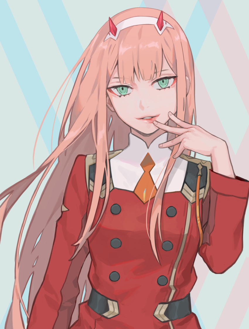 1girl 8c aqua_eyes arm_at_side bangs coat darling_in_the_franxx double-breasted eyebrows_visible_through_hair eyeshadow finger_to_mouth hairband hand_up highres horns lips long_hair long_sleeves looking_at_viewer makeup military military_uniform multicolored multicolored_background parted_lips pink_hair red_coat seductive_smile smile solo straight_hair uniform upper_body white_hairband zero_two_(darling_in_the_franxx)