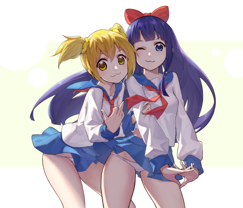 2girls :3 bare_shoulders blonde_hair blue_eyes blue_hair blue_sailor_collar blue_skirt breasts chunrijun_(springer) closed_mouth commentary_request hair_ornament hair_scrunchie hand_gesture highres holding_another's_arm interlocked_fingers leaning_forward long_hair long_sleeves looking_at_viewer miniskirt multiple_girls neckerchief one_eye_closed panties pipimi poptepipic popuko red_neckwear sailor_collar scrunchie shirt short_hair simple_background skirt skirt_lift small_breasts standing stretch two_side_up underwear very_long_hair white_panties white_shirt wind wind_lift yellow_scrunchie