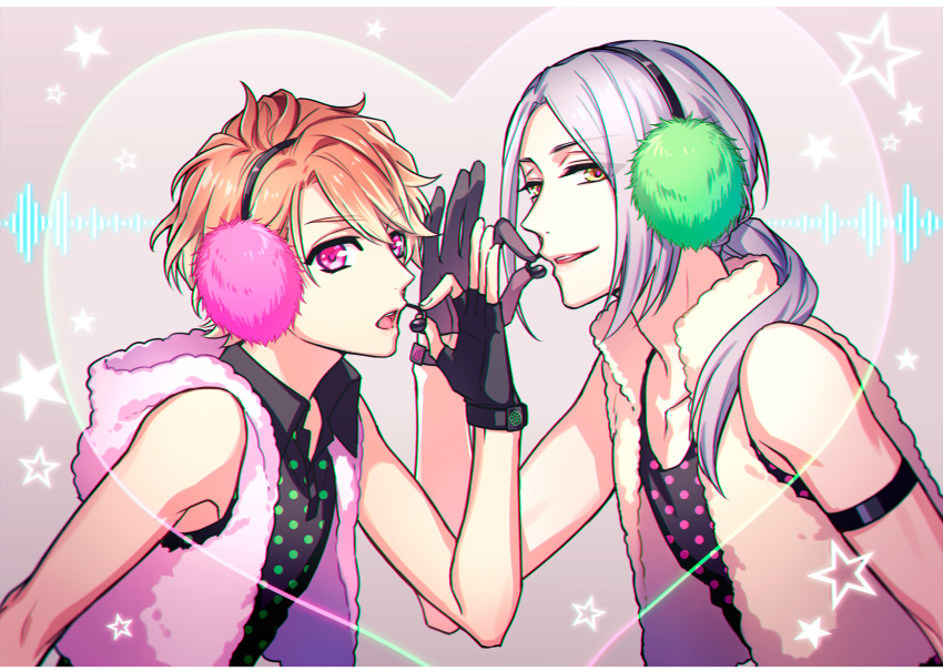 2boys a3! blonde_hair chigasaki_itaru collarbone cropped_vest earmuffs fingerless_gloves gloves grey_background happy_synthesizer_(vocaloid) headset heart highres hood long_hair looking_at_viewer male_focus multiple_boys open_mouth parted_lips pink_eyes smile star upper_body yabapi yellow_eyes yukishiro_azuma