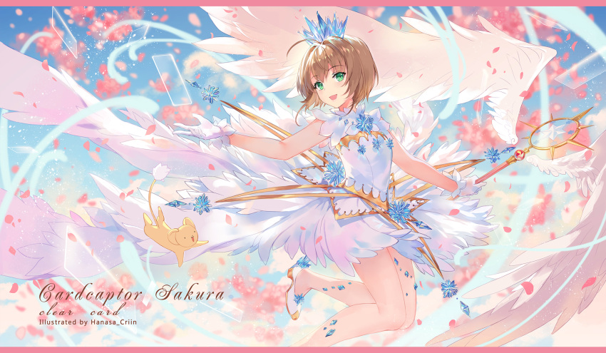 1girl angel_wings antenna_hair artist_name brown_hair card card_captor_sakura cherry_blossoms clear_card copyright_name cowboy_shot criin crown dress green_eyes highres kero kinomoto_sakura magical_girl petals short_hair solo standing standing_on_one_leg wand wings yume_no_tsue