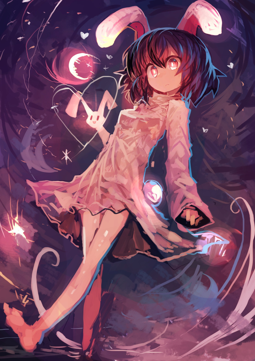 1girl absurdres animal_ears bangs barefoot black_hair dress dutch_angle hair_between_eyes heart highres inaba_tewi kaamin_(mariarose753) legs looking_at_viewer moon night pink_dress pink_eyes rabbit rabbit_ears short_hair solo star touhou walking