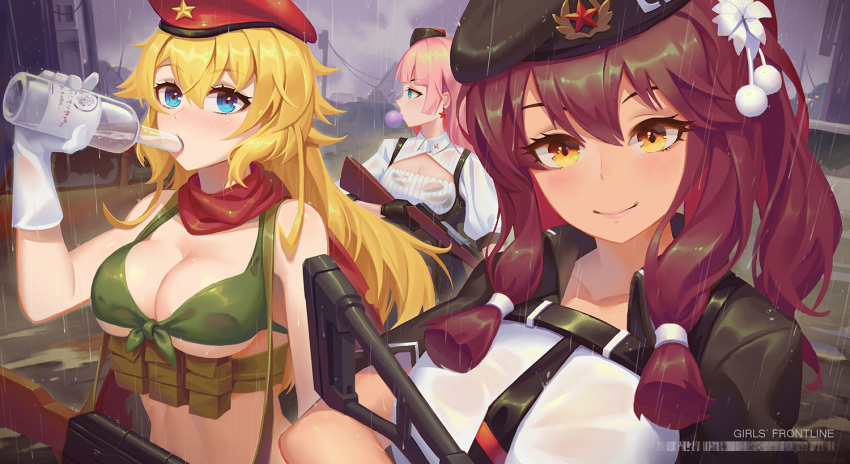 3girls ak-47 ak47_(girls_frontline) alcohol assault_rifle beret blonde_hair blue_eyes blush bottle breasts bubble_blowing chest_strap cleavage_cutout copyright_name drinking earrings flower front-tie_bikini front-tie_top girls_frontline gloves gun hair_between_eyes hair_flower hair_ornament hair_ribbon hat jewelry large_breasts leaf98k long_hair looking_at_viewer looking_to_the_side multiple_girls nose_blush outdoors overcast pink_hair pouch puffy_short_sleeves puffy_sleeves purple_hair rain red_scarf red_star ribbon rifle saiga-12_(girls_frontline) scarf short_sleeves sidelocks sks_(girls_frontline) smile star star_earrings tress_ribbon underbust upper_body vodka weapon wet wet_clothes white_gloves yellow_eyes