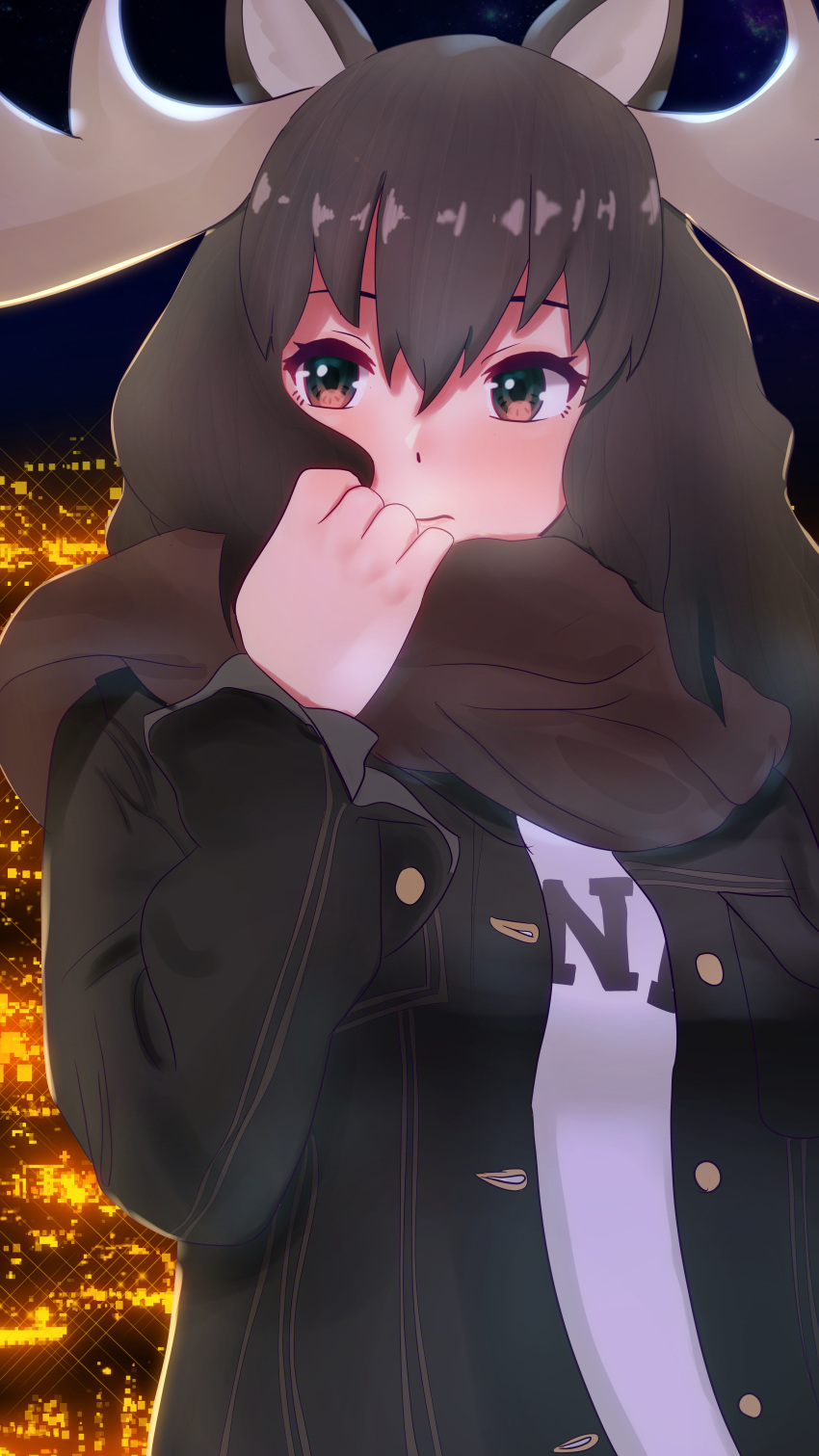 1girl absurdres alternate_costume antlers city_lights contemporary eye_reflection hand_in_front_of_face highres jacket kemono_friends long_hair matsuokazieg moose_(kemono_friends) moose_ears night reflection scarf