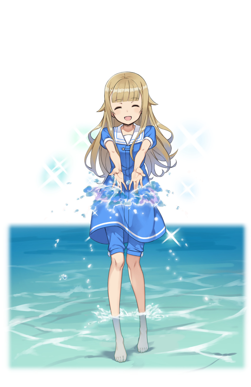 1girl :d barefoot blonde_hair blue_dress closed_eyes dress facing_viewer full_body highres long_hair official_art open_mouth princess_(princess_principal) princess_principal princess_principal_game_of_mission smile sparkle splashing standing transparent_background water