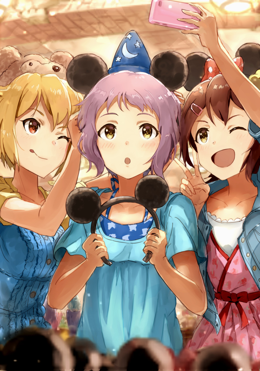 3girls :o ;d ;p absurdres ahoge animal_ears blonde_hair bow brown_eyes brown_hair cellphone crescent disney fake_animal_ears girl_sandwich hair_ornament hairband hairclip hat highres holding holding_hair_ornament ibuki_tsubasa idolmaster idolmaster_million_live! kasuga_mirai madogiwa_(ran5) makabe_mizuki mickey_mouse_ears minnie_mouse_ears multiple_girls one_eye_closed one_side_up open_mouth phone pink_eyes polka_dot polka_dot_bow print_hat purple_hair sandwiched self_shot short_hair smartphone smile star star_print tongue tongue_out wizard_hat yellow_eyes