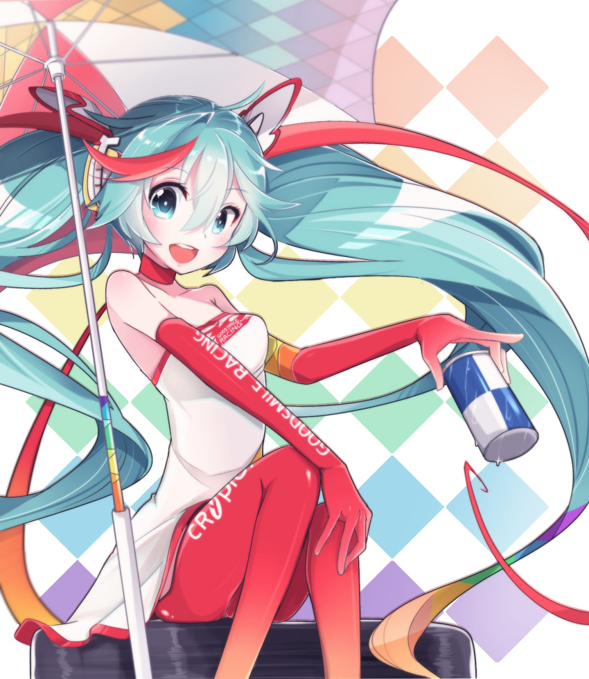 1girl :d aqua_eyes aqua_hair bare_shoulders can checkered checkered_background chuuko_anpu commentary_request dress elbow_gloves eyebrows_visible_through_hair gloves goodsmile_company goodsmile_racing gradient_legwear hair_between_eyes hair_ornament hatsune_miku highres holding holding_can long_hair looking_at_viewer open_mouth orange_gloves orange_legwear pantyhose racequeen racing_miku racing_miku_(2016) revision sitting smile solo strapless strapless_dress teeth twintails umbrella very_long_hair vocaloid white_dress