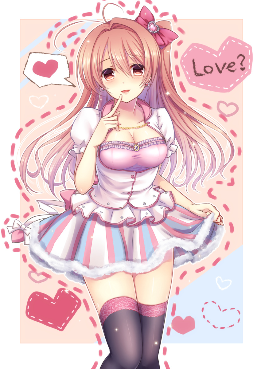 1girl antenna_hair blush breasts chaos;head finger_to_chin hair_ribbon heart highres long_hair medium_breasts nishijou_myu one_side_up pink_eyes pink_hair ribbon ribbon_bow sakihata_rimi skirt skirt_hold solo thigh-highs