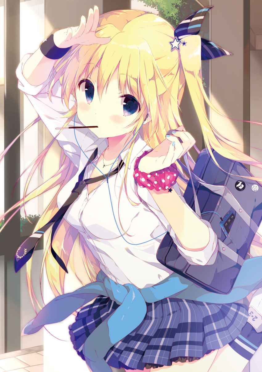 1girl arm_up bag bangs black_neckwear blonde_hair blue_bow blue_eyes blue_nails blue_skirt blush bow bracelet breasts cleavage clothes_around_waist collared_shirt cowboy_shot cross cross_necklace day earplugs eyebrows_visible_through_hair fingernails food hair_between_eyes hair_bow hand_up highres jacket_around_waist jewelry long_hair long_sleeves looking_at_viewer medium_breasts mouth_hold nail_polish necklace necktie original outdoors pleated_skirt pocky school_bag school_uniform scrunchie shiratama_(shiratamaco) shirt shoulder_bag skirt sleeves_rolled_up solo standing two_side_up white_shirt wing_collar wrist_scrunchie wristband