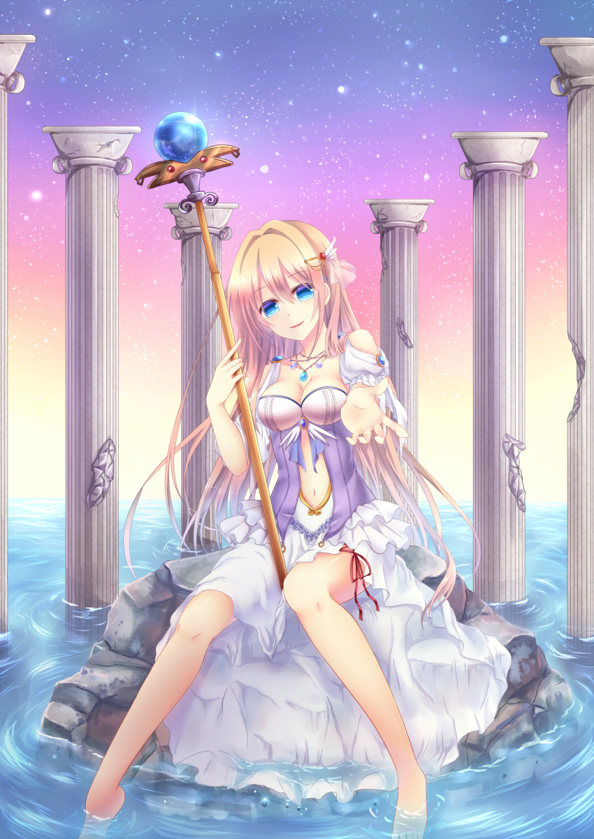 1girl absurdres bangs bare_shoulders barefoot bent_knees blonde_hair blue_eyes blush commentary_request dress drill_hair eyebrows_visible_through_hair gem hair_between_eyes hair_ornament hairpin highres holding jewelry long_hair looking_at_viewer moon multicolored multicolored_clothes multicolored_dress navel necklace nishijou_myu original outstretched_hand pillar rock sitting sitting_on_rock sky smile solo staff star_(sky) water waves