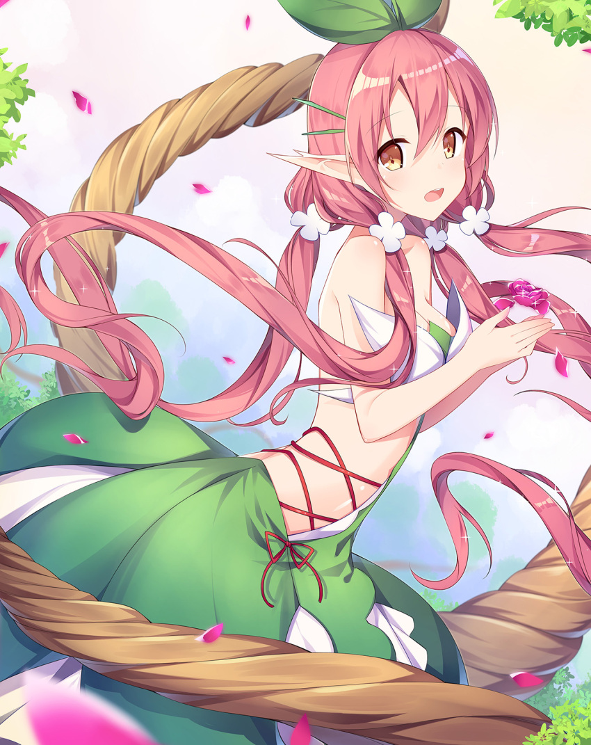 1girl :d amemiya_ruki backless_outfit bangs bare_shoulders blurry blurry_foreground blush breasts brown_eyes commentary_request depth_of_field dress eyebrows_visible_through_hair flower from_side granblue_fantasy green_dress hair_between_eyes hair_flower hair_ornament hands_up highres leaf long_hair looking_at_viewer looking_to_the_side medium_breasts open-back_dress open_mouth pink_hair plant_girl pleated_dress pointy_ears purple_flower purple_rose quad_tails rose smile solo strapless strapless_dress very_long_hair white_flower yggdrasill_(granblue_fantasy)