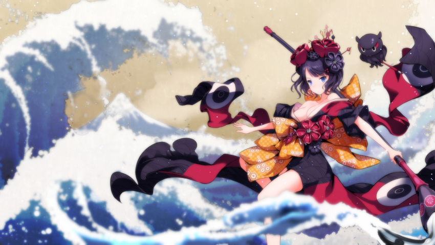 1girl arms_ai bangs bare_legs bare_shoulders black_bow black_flower blush bow breasts calligraphy_brush checkered cleavage closed_mouth eyebrows_visible_through_hair fate/grand_order fate_(series) floating flower hair_flower hair_ornament hair_stick highres holding_brush katsushika_hokusai_(fate/grand_order) leg_up looking_at_viewer medium_breasts obi octopus outstretched_arm paintbrush purple_hair red_flower sash short_hair short_sleeves solo standing standing_on_one_leg v-shaped_eyebrows water waves yellow_background