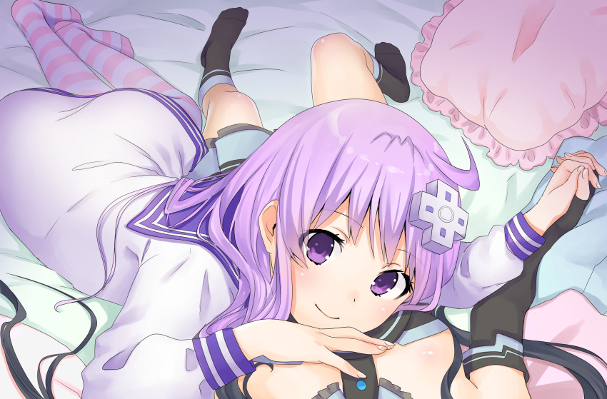 2girls artist_request breasts d-pad d-pad_hair_ornament dress elbow_gloves feet fingerless_gloves gloves hair_ornament hand_holding highres interlocked_fingers long_hair looking_at_another looking_up multiple_girls nepgear neptune_(series) no_shoes pov purple_hair sailor_dress small_breasts smile socks striped striped_legwear uni_(choujigen_game_neptune) violet_eyes