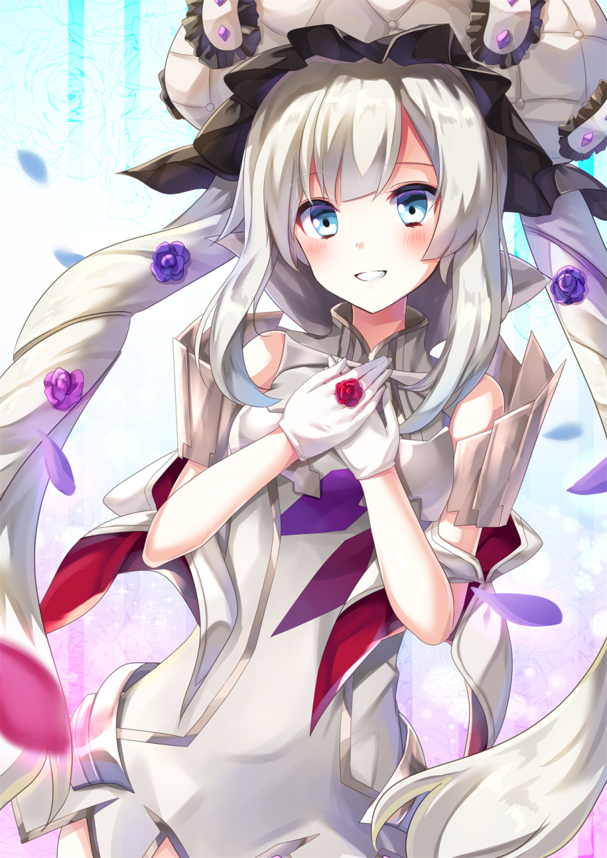 1girl bangs bare_shoulders blue_eyes blush cowboy_shot dress fate/grand_order fate_(series) gloves hayakawa_(hayakawa_illust) headpiece highres long_hair looking_at_viewer marie_antoinette_(fate/grand_order) silver_hair sleeveless sleeveless_dress smile solo twintails upper_body very_long_hair white_dress white_gloves