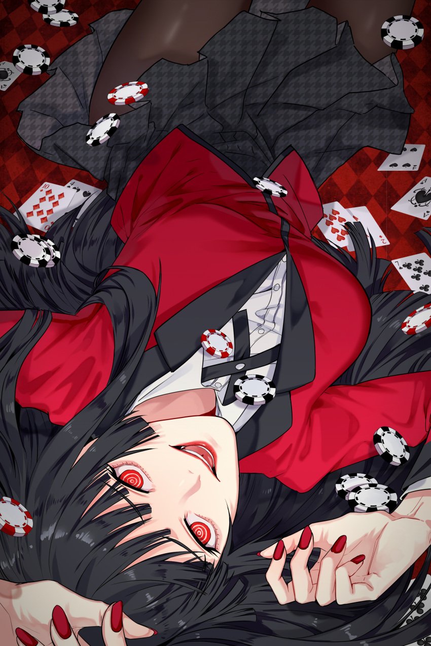 1girl absurdres argyle argyle_background arms_up asa_(jaery0917) bangs black_hair black_legwear black_skirt blunt_bangs card eyebrows_visible_through_hair highres hime_cut jabami_yumeko kakegurui long_hair looking_at_viewer miniskirt nail_polish open_mouth pantyhose playing_card pleated_skirt poker_chip red_background red_eyes red_lips red_nails ribbon ringed_eyes school_uniform shirt skirt skirt_lift smile solo very_long_hair white_shirt