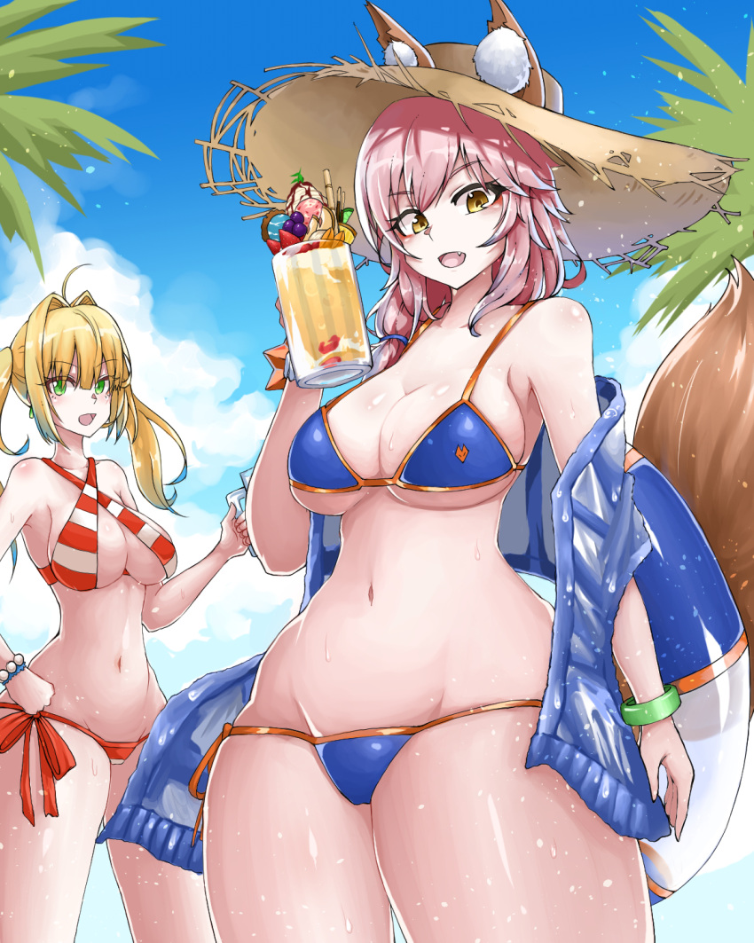 2girls ahoge animal_ears bead_bracelet beads bikini bikini_under_clothes blonde_hair blue_bikini bracelet breasts cleavage collarbone criss-cross_halter curvy day ears_through_headwear eyebrows_visible_through_hair fang fate/extra fate/grand_order fate_(series) food fox_ears fox_tail fruit green_eyes groin hair_intakes halter_top halterneck hat highres innertube jewelry large_breasts looking_at_viewer looking_down multiple_girls navel nero_claudius_(fate)_(all) nero_claudius_(swimsuit_caster)_(fate) ocean open_mouth outdoors palm_tree pink_hair ppyumeuleulu red_bikini side-tie_bikini smile standing straw_hat striped striped_bikini swimsuit tail tamamo_(fate)_(all) tamamo_no_mae_(swimsuit_lancer)_(fate) tree twintails wet wide_hips yellow_eyes