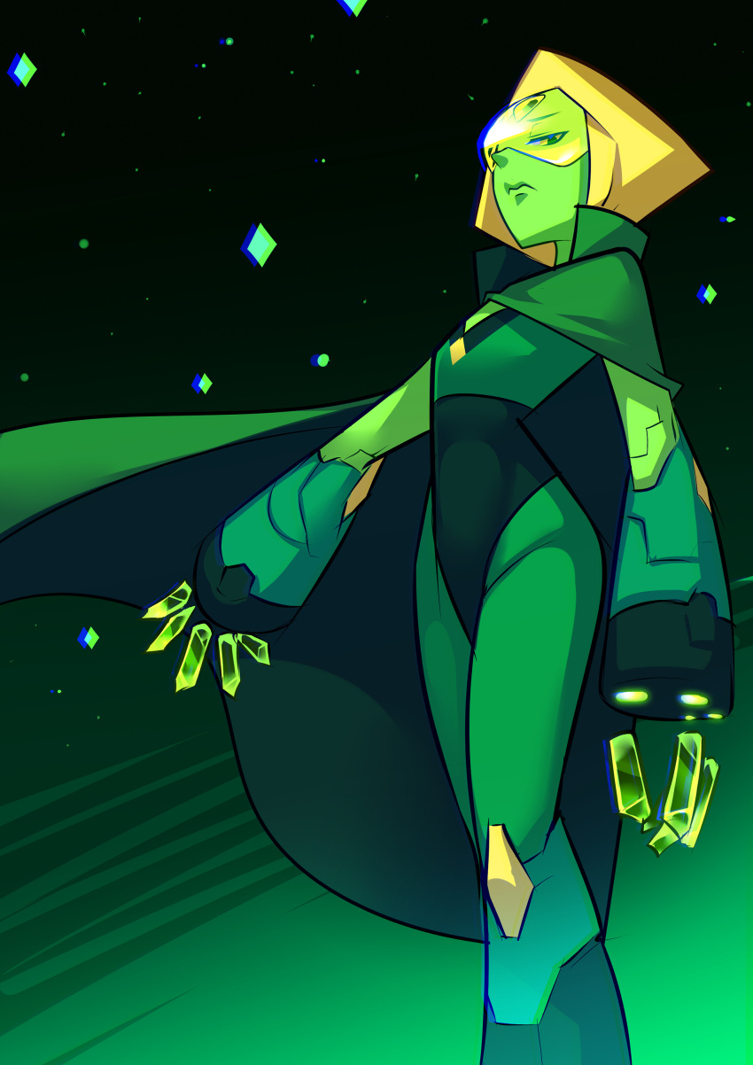 1girl absurdres blonde_hair cape flat_chest forehead_jewel green_skin high_collar highres looking_at_viewer looking_down nose peridot_(steven_universe) ryuusei_(mark_ii) short_hair steven_universe visor