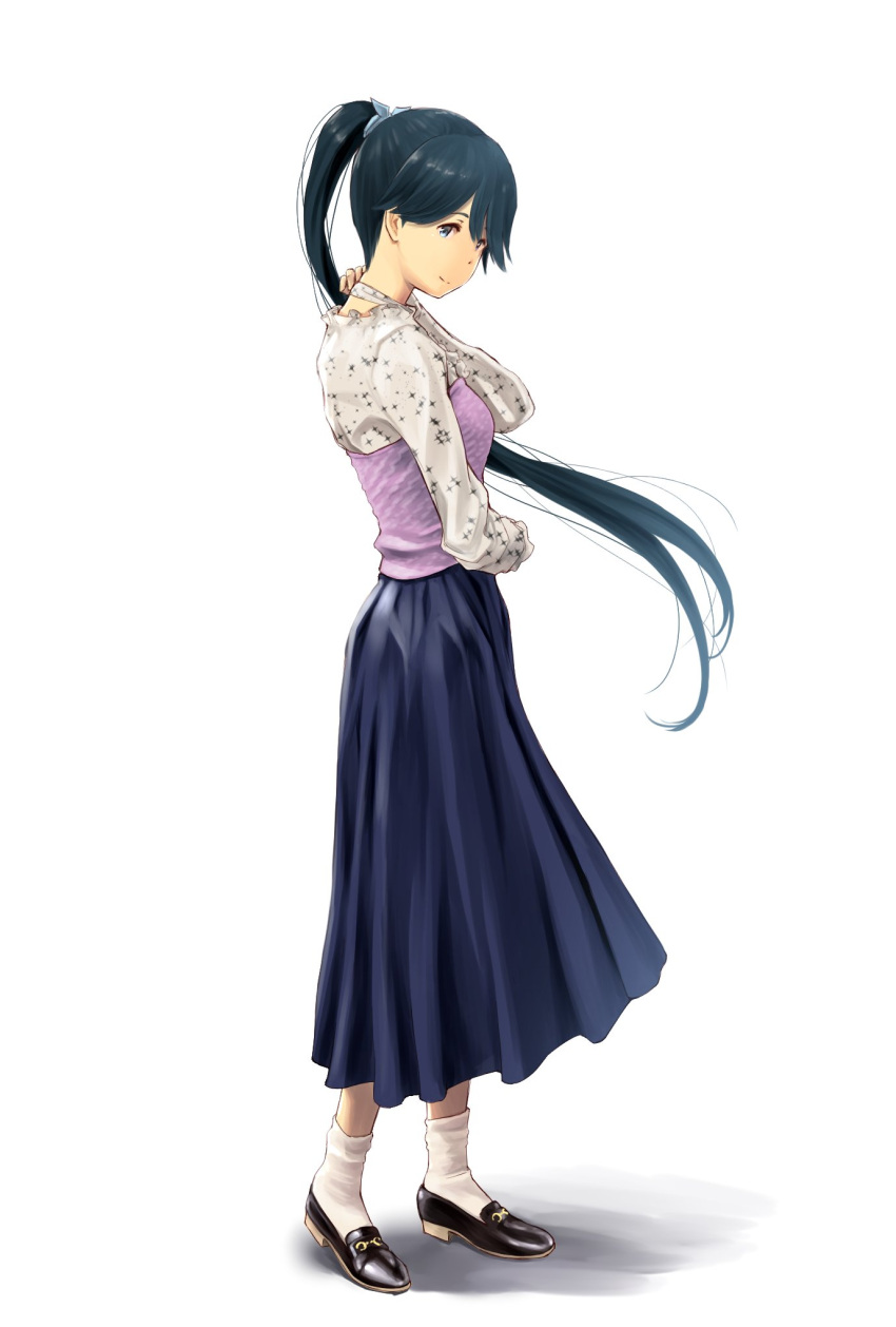 1girl alternate_costume arm_up bangs black_hair black_ribbon black_skirt blue_ribbon casual from_side full_body grey_shirt hair_ribbon hand_on_own_neck highres houshou_(kantai_collection) kantai_collection long_hair long_skirt long_sleeves looking_at_viewer looking_to_the_side ponytail ribbon shiny shiny_hair shirt shoes simple_background skirt socks solo sparkle_print standing tareme very_long_hair wa_(genryusui) white_background white_legwear