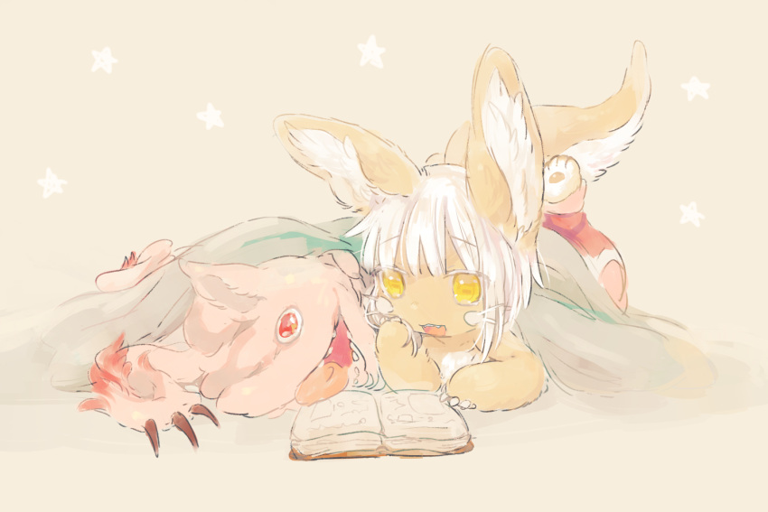 1girl :3 :d animal_ears blanket book claws creature eyebrows_visible_through_hair furry hideko_(l33l3b) made_in_abyss mitty_(made_in_abyss) nanachi_(made_in_abyss) open_book open_mouth pants paws reading red_eyes short_hair smile topless under_covers whiskers white_hair yellow_eyes