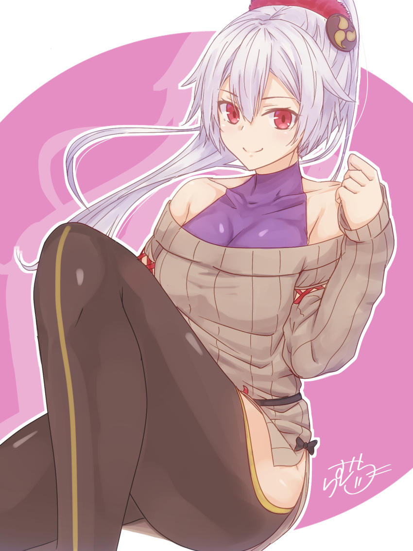 &gt;:) 1girl bangs black_legwear blush breasts brown_sweater casual cleavage closed_mouth collarbone commentary_request eyebrows_visible_through_hair fate/grand_order fate_(series) hair_between_eyes high_ponytail highres long_sleeves looking_at_viewer medium_breasts off-shoulder_sweater pantyhose ponytail purple_shirt ramchi red_eyes shirt side_slit signature silver_hair sitting skin_tight sleeves_past_wrists smile solo sweater thighs tomoe_gozen_(fate/grand_order) v-shaped_eyebrows