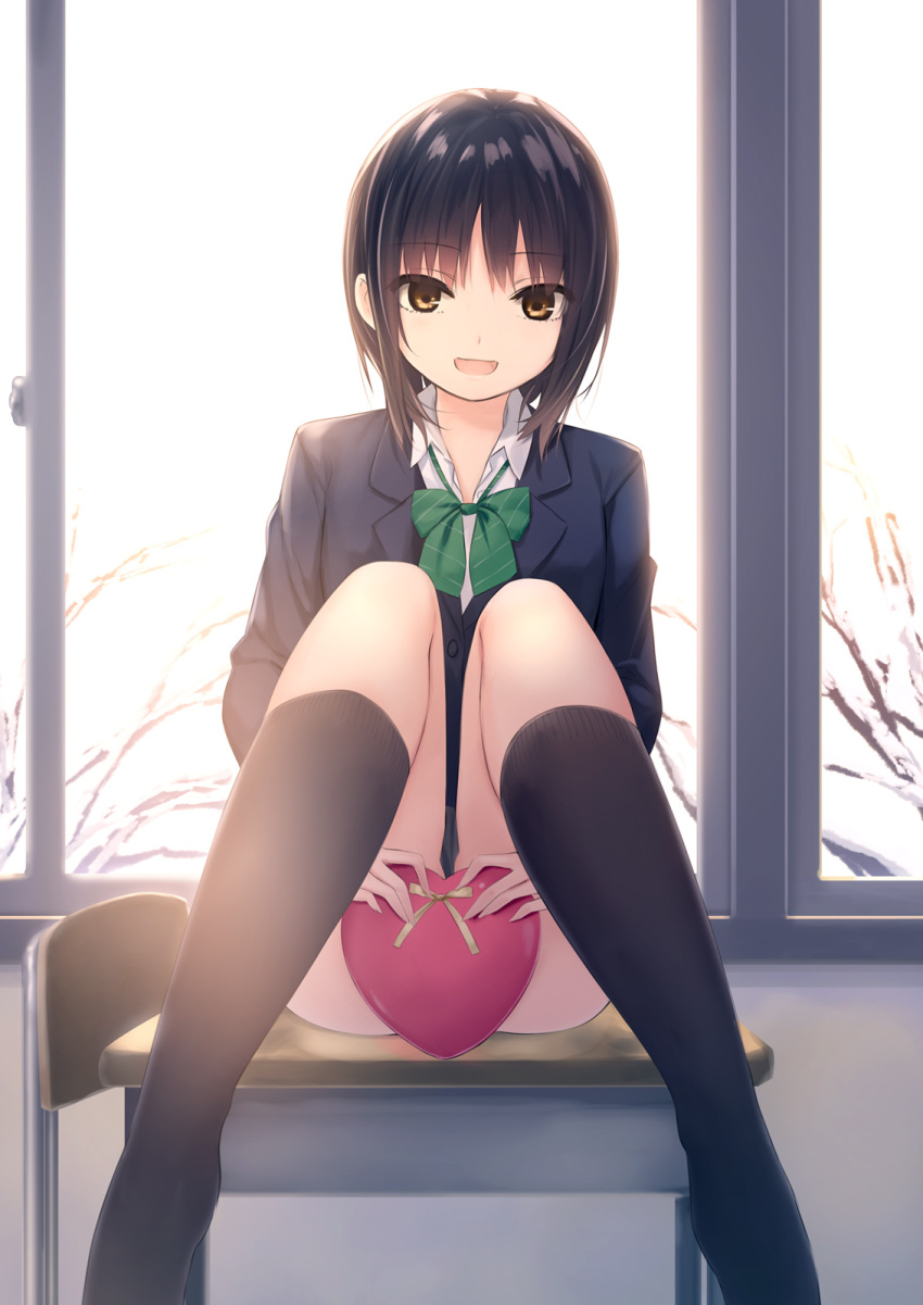 1girl aoyama_sumika bangs bare_tree black_hair black_legwear blue_blazer bow bowtie brown_eyes chair chocolate chocolate_heart classroom coffee-kizoku collared_shirt day desk eyebrows_visible_through_hair green_neckwear heart highres indoors kneehighs knees_up looking_at_viewer loose_bowtie no_shoes on_desk open_mouth original school_chair school_desk school_uniform shirt short_hair sitting snow solo thighs tree uniform valentine white_shirt window