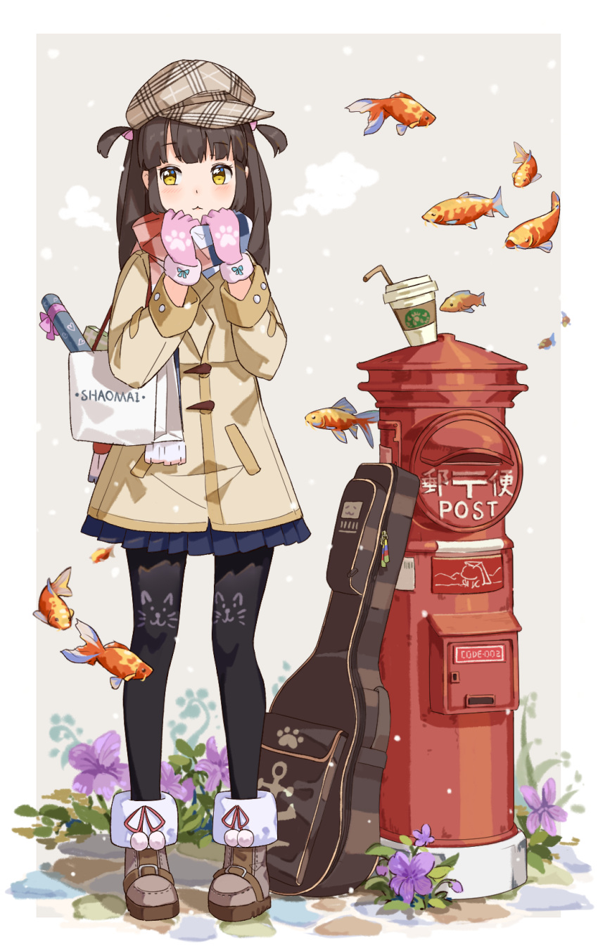 1girl :d anchor_print animal_print ankle_boots bag bangs black_legwear blue_skirt blunt_bangs blush boots breath brown_coat brown_footwear brown_hat cabbie_hat cat_print closed_mouth coat cup drinking_straw eyebrows_visible_through_hair fish flower full_body gloves guitar_case hat heart highres instrument_case long_hair long_sleeves looking_at_viewer mailbox miniskirt multicolored multicolored_clothes multicolored_scarf open_mouth original paw_print pigeon-toed pink_gloves plaid plaid_hat pleated_skirt pom_pom_(clothes) print_gloves print_legwear purple_flower scarf shopping_bag skirt smile solo standing tareme two_side_up yamano_(yamanoh) yellow_eyes