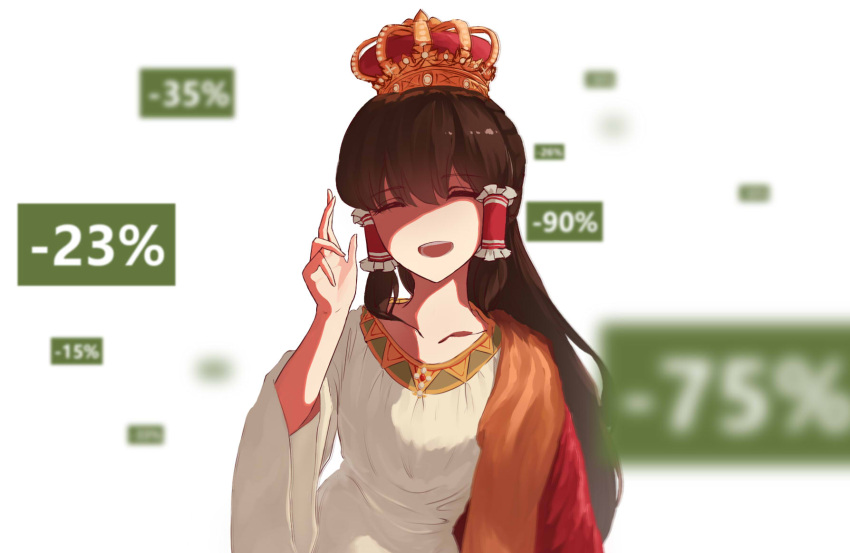 1girl ^_^ ^o^ brown_hair closed_eyes collarbone cosplay crown drmzed facing_viewer gabe_newell gabe_newell_(cosplay) hair_tubes hakurei_reimu highres jesus jesus_(cosplay) long_hair sale shaded_face smile solo steam_(platform) touhou very_long_hair |d