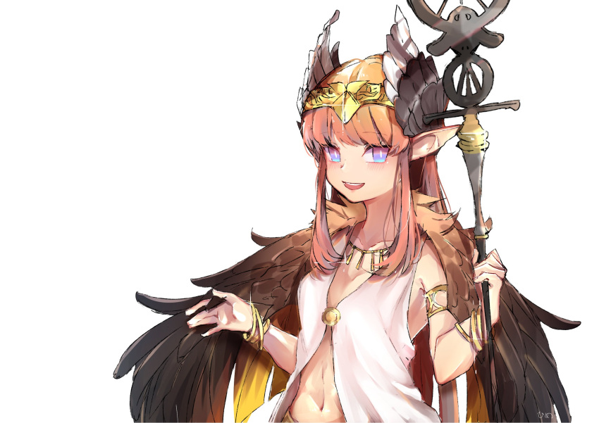 1girl bangs bare_shoulders bird_wings blue_eyes blush bracelet brown_wings circe_(fate/grand_order) circlet fate/grand_order fate_(series) feathered_wings flat_chest gold head_wings highres hime_(sasukken) holding holding_staff jewelry long_hair looking_at_viewer navel necklace open_mouth pink_hair pointy_ears solo staff upper_body white_background wings