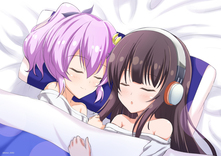 2girls :o azur_lane bangs bare_shoulders black_ribbon blush brown_hair closed_eyes closed_mouth collarbone commentary_request crown eyebrows_visible_through_hair hair_between_eyes hair_ribbon headphones high_ponytail highres javelin_(azur_lane) kamishiro_(rsg10679) long_hair long_island_(azur_lane) long_sleeves lying mini_crown multiple_girls off-shoulder_shirt on_back on_side parted_lips pillow ponytail ribbon shirt sidelocks sleeping under_covers white_shirt