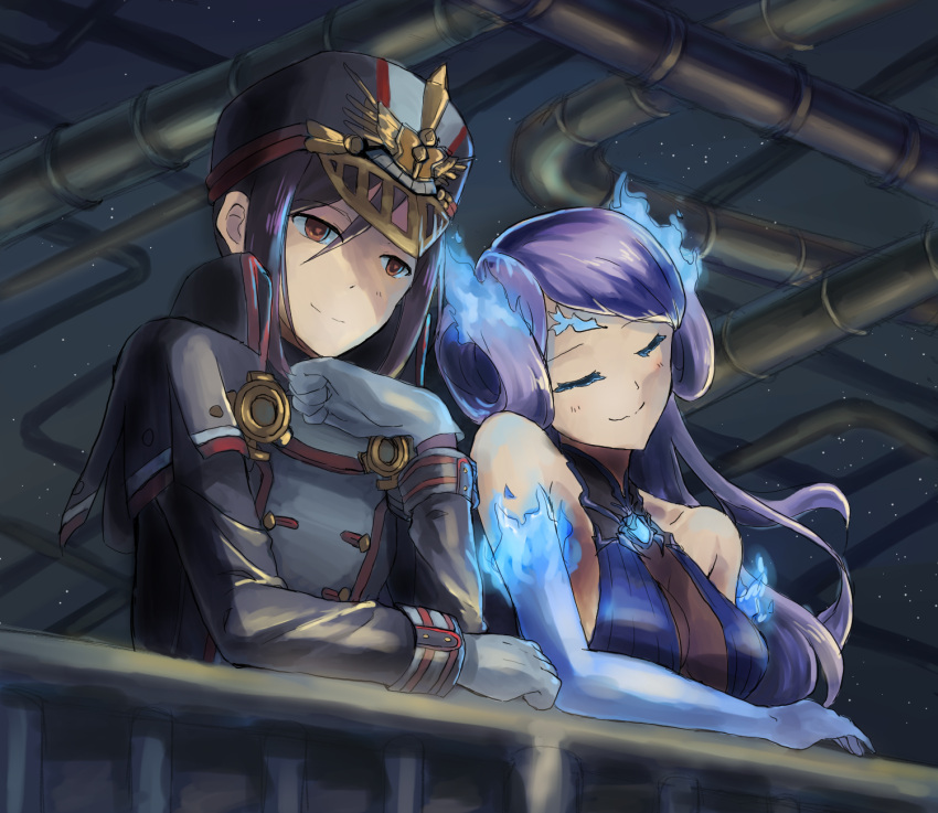 2girls against_railing black_hair blue_hair breasts cleavage closed_eyes flaming_hair gtpe3237 hat highres kagutsuchi_(xenoblade) leaning_on_person meleph_(xenoblade) military military_hat military_uniform multiple_girls night smile star_(sky) uniform xenoblade xenoblade_2