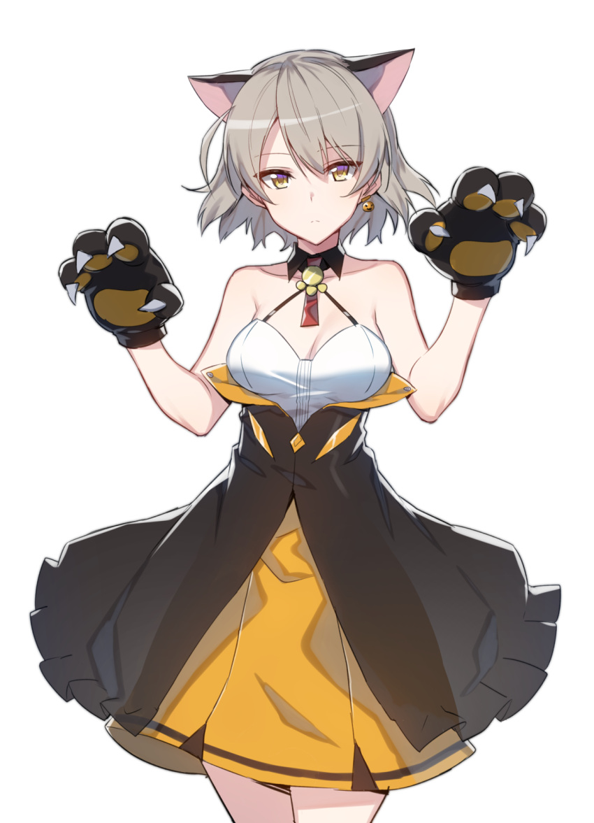 1girl animal_ears bare_shoulders bikini breasts cat_ears claw_pose cleavage closed_mouth cowboy_shot criss-cross_halter detached_collar dress earrings expressionless eyebrows_visible_through_hair girls_frontline gloves grey_hair halterneck highres jack-o'-lantern jack-o'-lantern_earrings jewelry looking_at_viewer medium_breasts paw_gloves paws short_hair simple_background single_earring solo supernew swimsuit underbust vector_(girls_frontline) white_background yellow_bikini