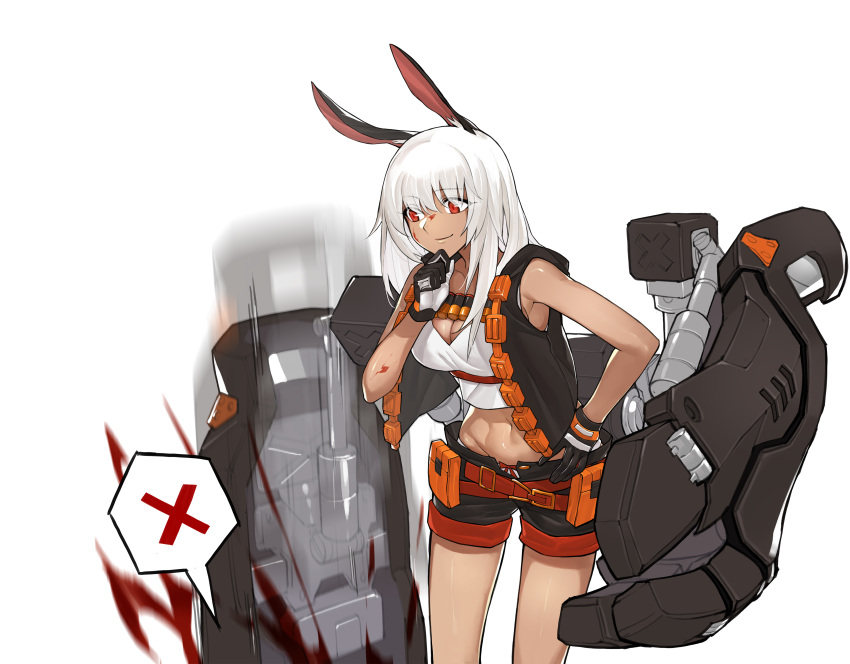 1girl absurdres animal_ears blood crop_top crop_top_overhang dark_skin girls_frontline gun hand_on_hip hand_on_own_chin highres inxst mechanical_arms midriff ns2000_(girls_frontline) rabbit_ears red_eyes short_shorts shorts shotgun silver_hair simple_background smile solo speech_bubble weapon white_background
