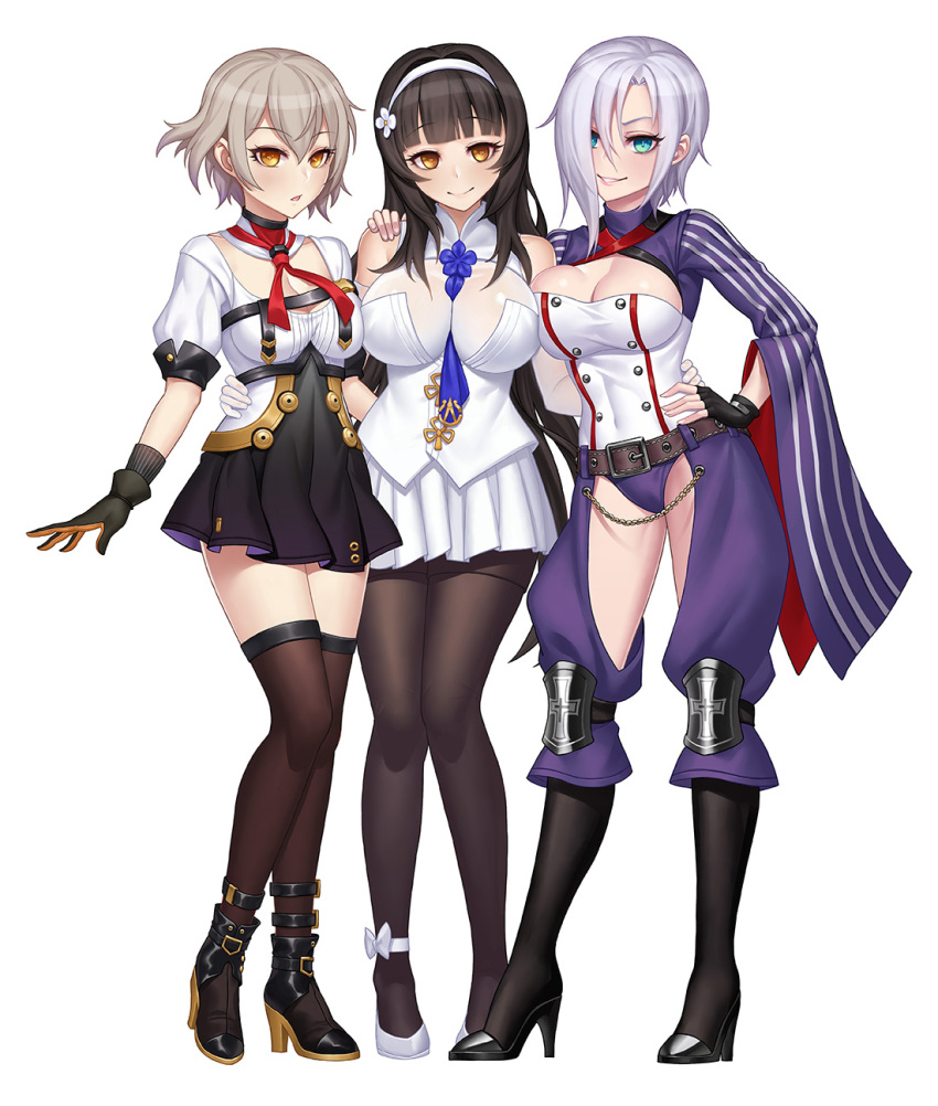 3girls :o bangs belt between_breasts black_footwear black_gloves black_hair black_legwear black_skirt blue_eyes blunt_bangs boots breast_press breasts chains cleavage cleavage_cutout closed_mouth covered_navel detached_collar eyebrows_visible_through_hair fingerless_gloves full_body girls_frontline gloves grey_hair hair_intakes hair_over_one_eye hairband hand_on_another's_hip hand_on_another's_shoulder hand_on_hip high_heel_boots high_heels highres iron_cross large_breasts leaf98k long_hair long_sleeves looking_at_viewer medium_breasts mg5_(girls_frontline) military military_uniform miniskirt multiple_girls pantyhose parted_lips pleated_skirt pose puffy_short_sleeves puffy_sleeves qbz-95_(girls_frontline) shirt shoes short_hair short_sleeves silver_hair skirt sleeveless sleeveless_shirt smile standing thigh-highs uniform vector_(girls_frontline) very_long_hair white_background white_footwear white_gloves white_hairband white_shirt white_skirt wide_sleeves yellow_eyes zettai_ryouiki